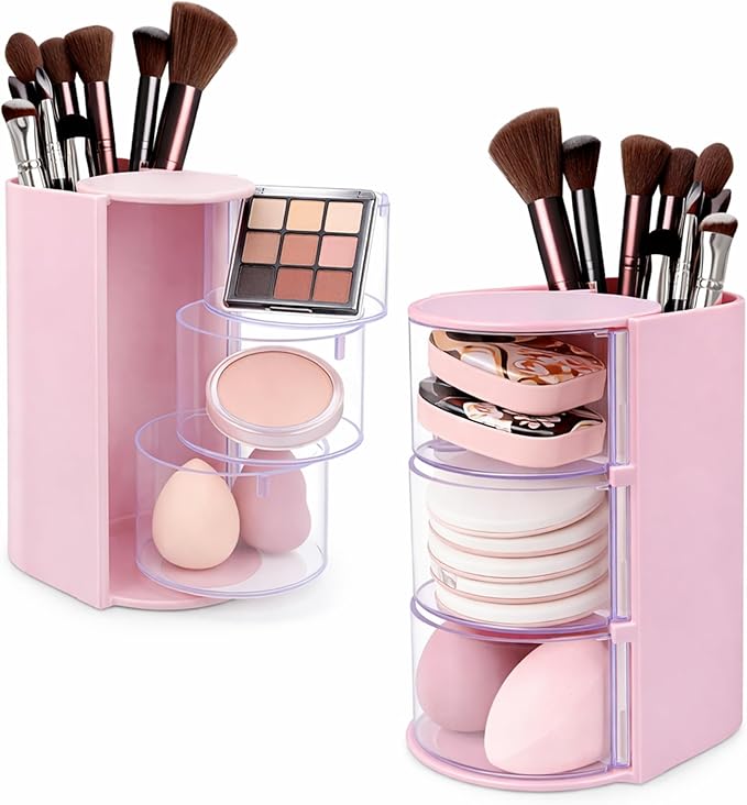 Hair Accessories Organizer with Hair Brush Holder - Rotatable Makeup Brush Organizer and Jewelry Storage Box for Necklaces, Earring, Bracelet, Makeup Brushes, Hair Clip and Hair Accessories (Pink)