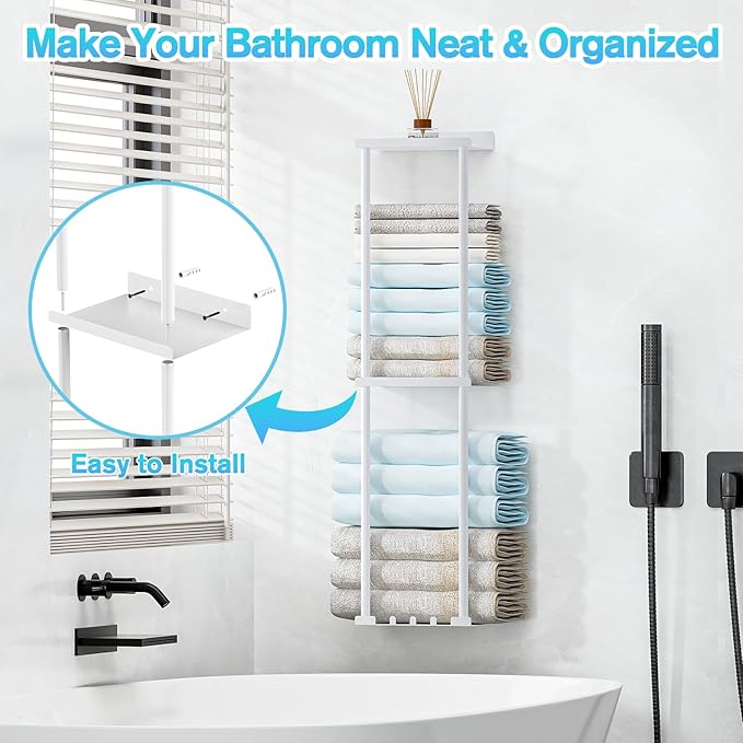 Liuoud Towel Rack for Bathroom, Wall Mounted Vertical Rolled Towel Storage Organizer Holder with Shelf, Holds Up 6 Large Bath Sheets, White