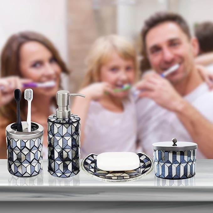 Escenzy Modern Black Gold Bathroom Accessories Sets 4 Pcs | Luxurious Soap Dispenser, Toothbrush Holder, Cotton Glass Jar, Small Tray | Black Gold Bathroom Decor | Mosaic Glass Bathroom Accessories