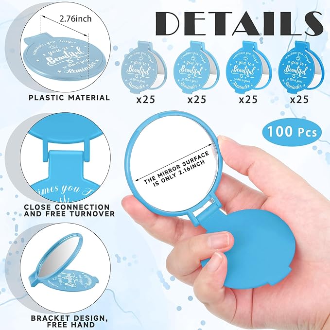 100 Pcs 2.76 Inch Inspirational Compact Mirror Bulk Women Small Gifts Graduation Party Favors Purse Mirror Pocket Mini Stuffer Items for Adult Coworker Cheerleader Employee (Blue Series)