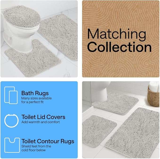 GORILLA GRIP Plush Absorbent Shaggy Chenille Bath Rug Mat for Oval Toilet Base with Rubber Backing, Machine Washable Rugs, Soft Microfiber Contour Mats for Toilets, Bathroom Decor, Lt Gray