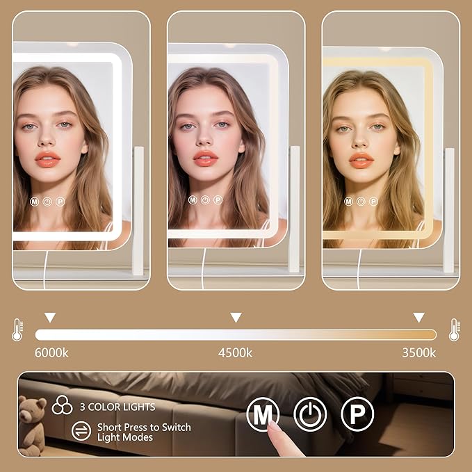 Ratsamee Vanity Mirror with Lights 15"×13", Led Makeup Mirror, Lighted Makeup Mirror with 3 Color Dimmable Lights, Smart Touch Screen Control, 360°Rotation