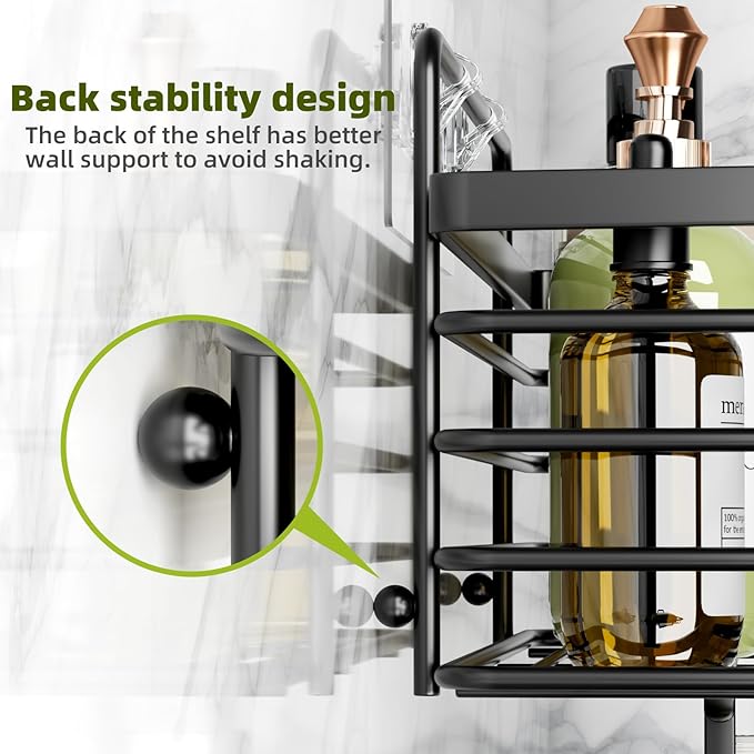 Yougai Shower Caddy, Shower Organizer with Soap Holder and Hooks, Rustproof Shower Shelves, No Drilling Bathroom Organizers and Storage, Wall-Mounted Kitchen & Home Decor (Black)