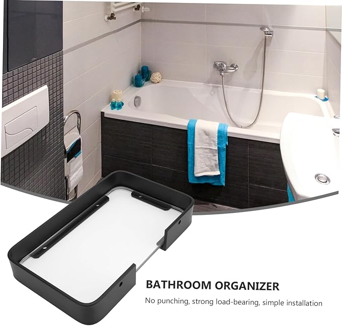 ULTECHNOVO Black Glass Bathroom Shelf Floating Wall Corner Rack Organizer for Shampoo and Cosmetics Easy Install Strong Bearing Storage for Neat Sink Area and Bathroom Decoration