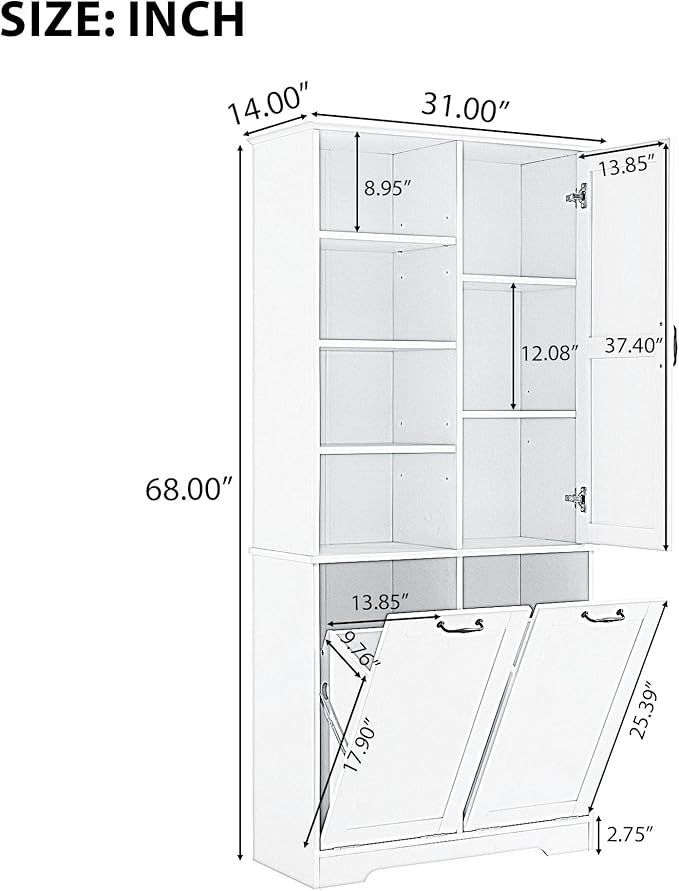 Virubi Tall Laundry Hamper Cabinet with 2 Tilt Out Hamper, Modern Wood Bathroom Laundry Storage Cabinet with Adjustable Shelves, Freestanding,Oak