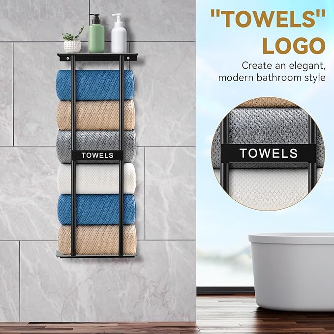 Vertical Towel Rack Wall Mounted - Metal Rolled Towel Holder, 31 Inch Black Space Saving Bathroom Storage Shelf for Shower, Toilet & RV (Black)