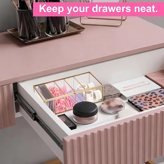 ELLDOO Lash Extension Organizer Box with Lid, Gold Glass Eyelash Supplies Organizer Storage Box, 5 Compartments Bathroom Supplies Storage Container for Cotton Swabs, Balls, Pads, Floss Picks