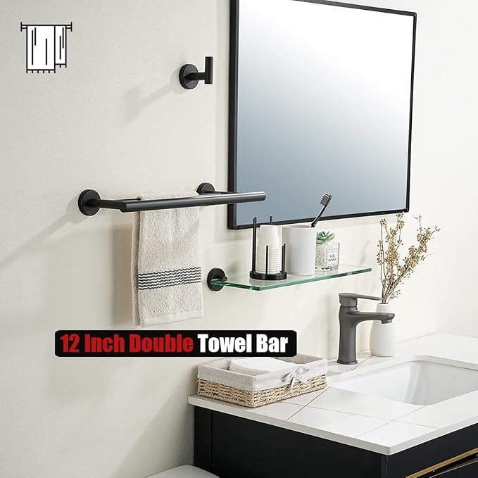 JQK Double Towel Bar Black, 15 Inch 304 Stainless Steel Thicken 0.8mm Towel Rack Holder for Bathroom Washcloths and Hand Towels, Matte Black Wall Mount, Useable Length 12 Inch, TB100L12-PB