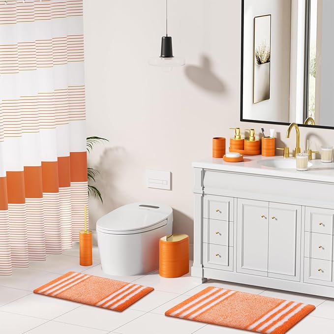 Bathroom Set - Bathroom Sets with Shower Curtain and Rugs, 25PC Bathroom Accessory Set, Orange Bathroom Accessories Set with Trash Can, Soap Dispensers