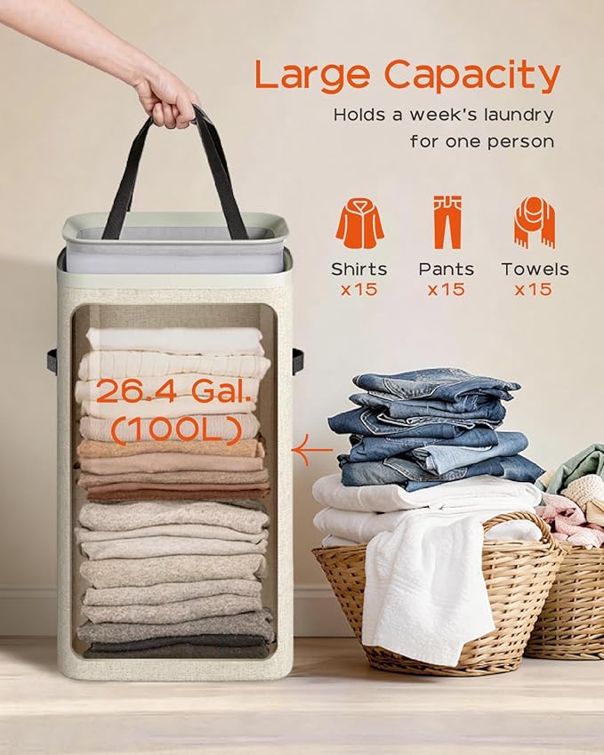 CASAMAYA Laundry Basket with Lid, Laundry Hamper 100L, collapsible Laundry Organizer, Easy Assembly, with Handles and Removable Liners, 16.5 x 12.6 x 29.5 Inches, Beige JSP902M