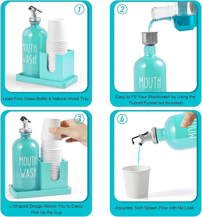 Turquoise Mouthwash Dispenser for Bathroom, 16 OZ Glass Mouthwash Dispenser with Wood Cup Holder and Tray, Mouth Wash Bottle Container, Teal Kitchen Bathroom Decor and Accessories