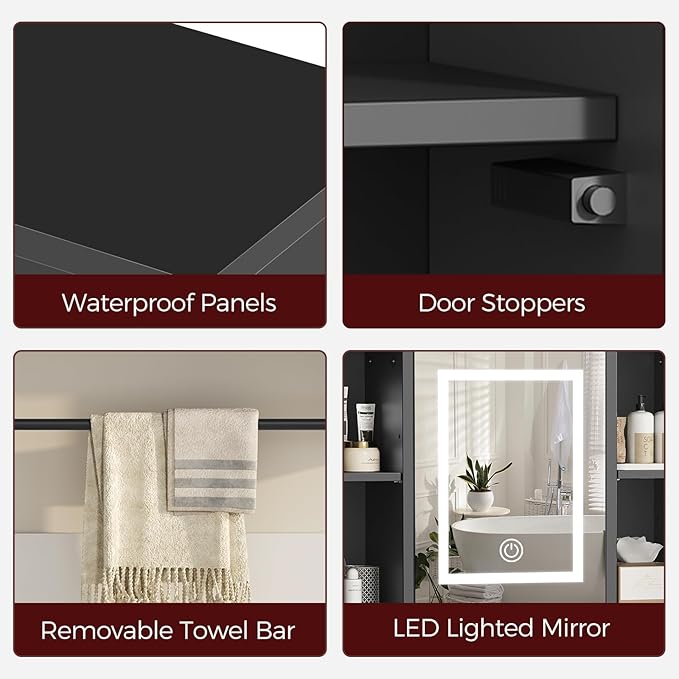 MAHANCRIS Bathroom Wall Cabinet with Mirror, Wall Mounted Medicine Cabinet with Color Adjustment LED Lights, Mirrored Over The Toilet Storage Cabinet with Adjustable Shelves, 23.6''W x 21.6''H, Black