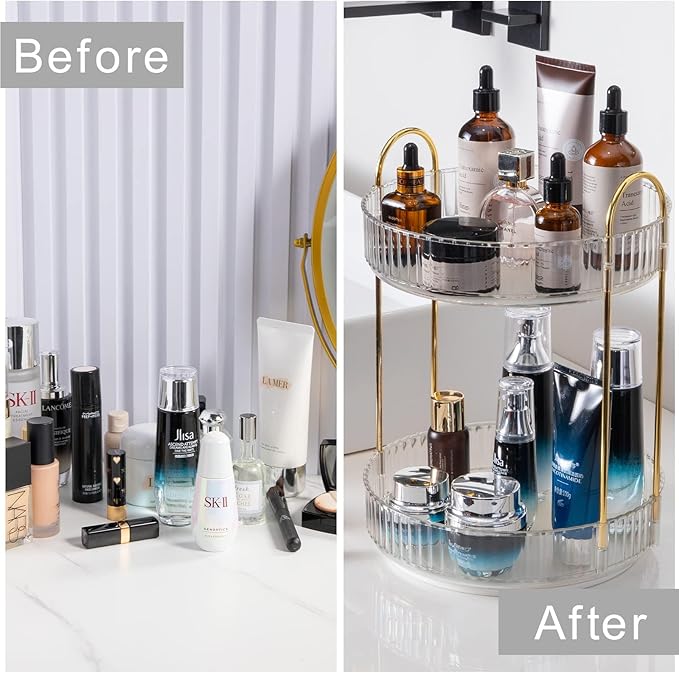 INVSSENE 360° Rotating Makeup Organizer, Bathroom Make Up Spinning Holder Rack, Large Capacity Cosmetics Storage Vanity Shelf Countertop, Fits Cosmetics, Perfume, Skincare(2 Tiers, Clear)