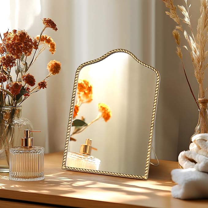 Vintage Desk Makeup Mirror, 11.9" L x 8" W Antique Gold Vanity Table Mirror, Metal Framed Scalloped Small Standing Mirrors with Beaded, 360 Adjustable Rotation for Tabletop, Bedroom