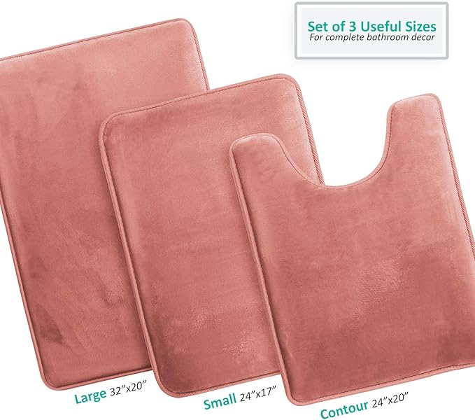 Clara Clark 3 Piece Bathroom Rugs Bath Mat Set, Velvet Memory Foam Bath Mats for Bathroom - Non-Slip, PVC Backing Bath Rugs, Washable - Dries Quickly, Rose