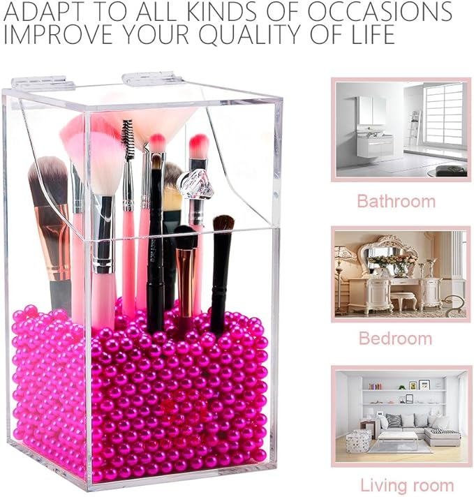 Clear Cosmetic Brush Organizer,Acrylic Brush Holder with Lid,Dust-proof Makeup Brush Holder with Free Rosy Pearls for Vanity Counter-top - NEWCREA