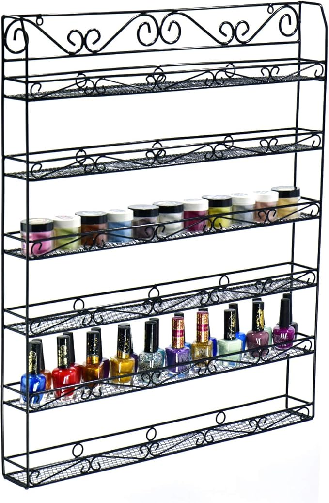 AMT 6 Tier Metal Nail Polish Racks for The Wall, Up to 132 Bottles, Clear Quality Nail Polish Display, Essential Oils Organizer (132 Bottles or 60 Jars - Black)