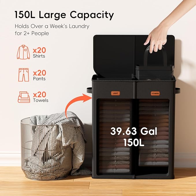 150L Double Laundry Hamper With Lid, Large Clothes Hampers with Removable Bag, Laundry Hamper 2 Section for Bathroom, Bedroom, Laundry Room, Dorm, Black