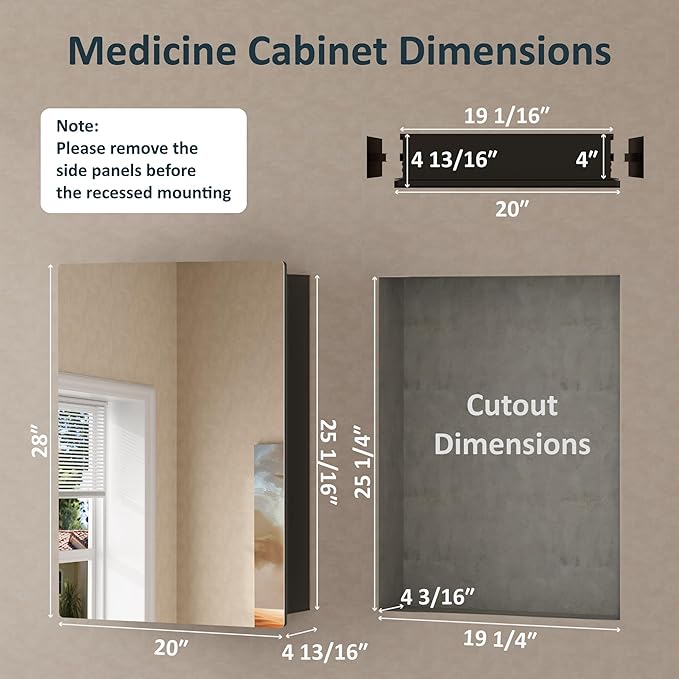 20x28 Inch Medicine Cabinet with Mirror, Recessed or Surface Mounted Bathroom Cabinets for Storage, 2 Fully Adjustable Tempered Glass Shelves, Soft-close DTC Hinges, HD Reflection Mirror Door, Black