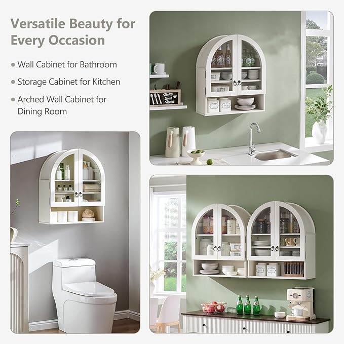 IFGET Bathroom Arched Wall Cabinet, 23.6'' Wide Medicine Cabinet with Adjustable Shelves & Glass Doors, Over The Toilet Storage Wall Mount Cabinet for Laundry Room,Kitchen & Living Room, Antique White