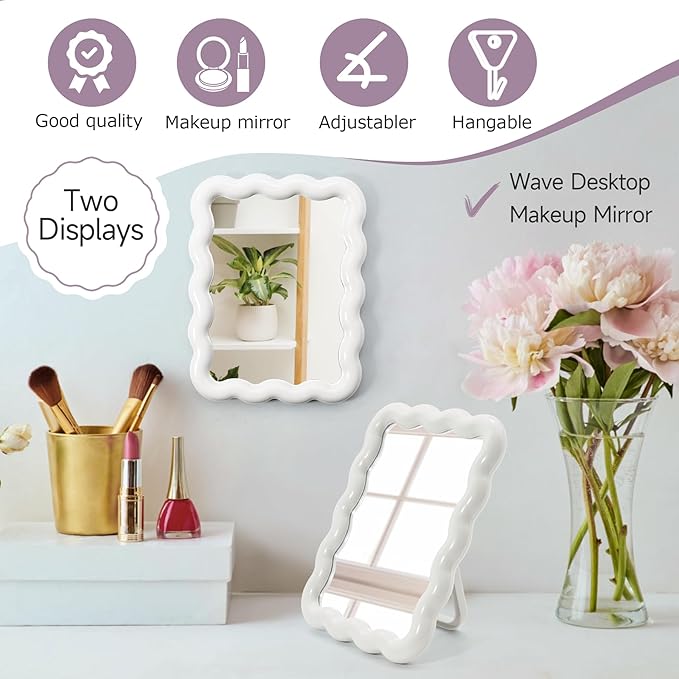 Philbinden Cute Wave-Shaped Desk Vanity Makeup Mirror,Portable Aesthetic Folding Mirror Travel Make Up Mirror for Standing/Hanging,Home Decorations Mirror for Women Girls (1, White)