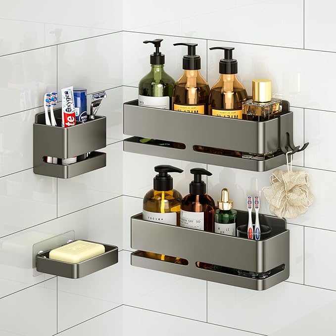 Bathroom Shower Caddy (5-piece Set Storage Rack), wall-Mounted Shelf with soap Dish and Toothbrush Holder, no Drilling Required, Ideal for Bathroom Storage and Also Suitable for Kitchen (Grey)