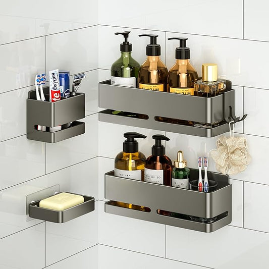 Bathroom Shower Caddy (5-piece Set Storage Rack), wall-Mounted Shelf with soap Dish and Toothbrush Holder, no Drilling Required, Ideal for Bathroom Storage and Also Suitable for Kitchen (Grey)