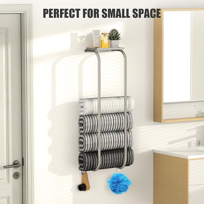 Towel Racks for Bathroom, Curved Bathroom Towel Storage Wall Mounted 30 inch with Shelf Can Holds 6 Large Towels, Wall Towel Rack for Rolled Towels, Brushed Nickel
