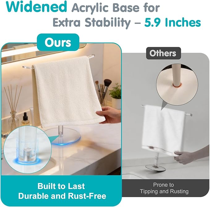 Clear Acrylic Hand Towel Holder Stand, T-Shape Free-Standing Towel Rack for Bathroom & Kitchen Countertop, Modern Minimalist Design, Simple Assembly, 2-Pack Counter Organizer