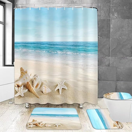 Chrainy 4Pcs Summer Beach Shower Curtain Sets Sea Bathroom Set Decor with Non-Slip Rugs Bath U-Shaped Mat Toilet Lid Cover Waterproof Bathroom Curtain Shower Set with 12 Hooks