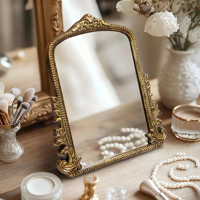 Vintage Gold Makeup Desk Mirror, Antique Traditional Vanity Table Mirror, Small Carved Arched Standing Mirrors, Adjustable Dress-up Mirrors for Tabletop, Standing or Hang, 11.8" L x 9.6" W