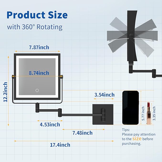 Ruacq Rechargeable Wall Mounted Makeup Mirror with Lights, Double Sided 1X/10X Magnifying Vanity Mirror with 3 Color Lighting, Touch Screen Dimmable, 360° Rotation Extension Foldable Arm(Matte Black)