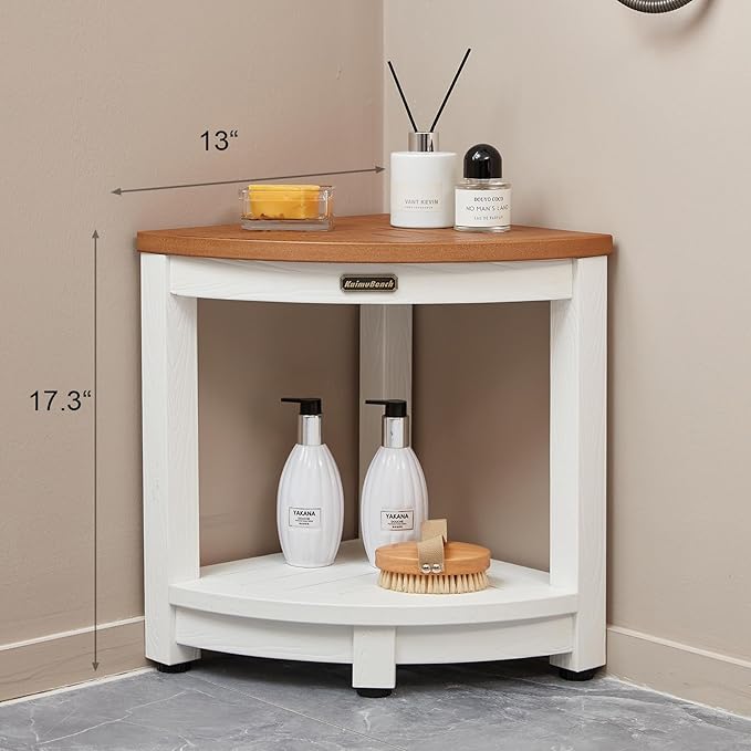 KaimuBench HDPS Corner Shower Stool for Shaving Leg, Waterproof Shower Bench Seat for Inside Shower, Poly Lumber Plastic Bath Shower Chair Seat, White+Brown, Weight Capacity 500LBS