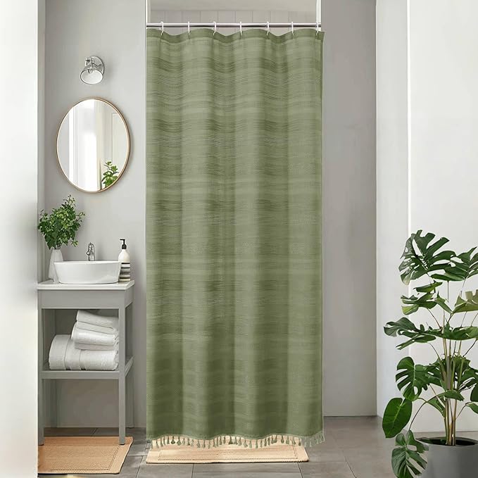 OVZME Sage Green Boho Stall Shower Curtain, Narrow Soft Fabric Striped Linen Textured Bathroom Shower Curtain with Tassel, Modern Farmhouse Machine Washable Bath Decor, 36Wx72L Inches