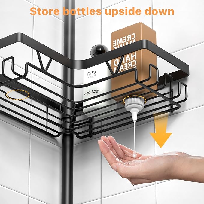 KEGII Corner Shower Organizer, 6-Tier Tension Pole Shower Caddy, Black Floor Standing Corner Shelf for Shower 25-114.2 inch, Waterproof and Rustproof