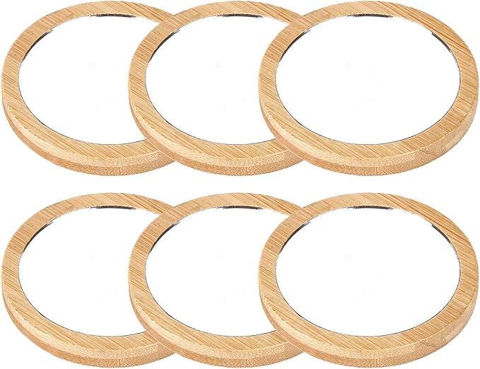 6 PCS Wooden Portable Mini Makeup Mirror Small Round Glass Small Pocket Mirror Women's Hand Mirror Portable Women's Hand Mirror(Round)