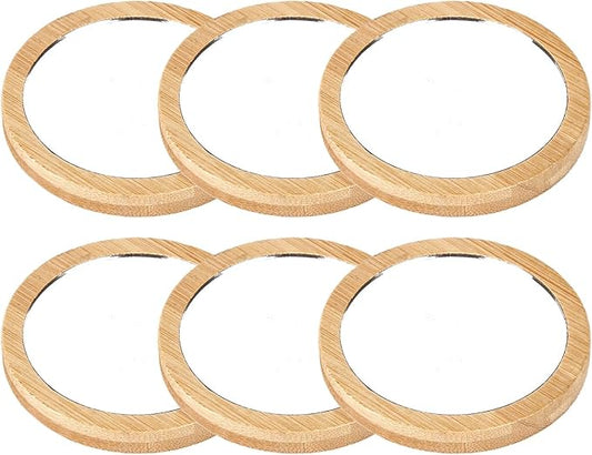 6 PCS Wooden Portable Mini Makeup Mirror Small Round Glass Small Pocket Mirror Women's Hand Mirror Portable Women's Hand Mirror(Round)