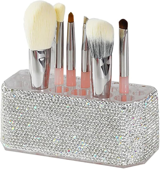 Clear Acrylic Makeup Eyeliner Lip Liner Holder Organizer,Bling Crystal Makeup Brush Holder,26 Spaces (White)
