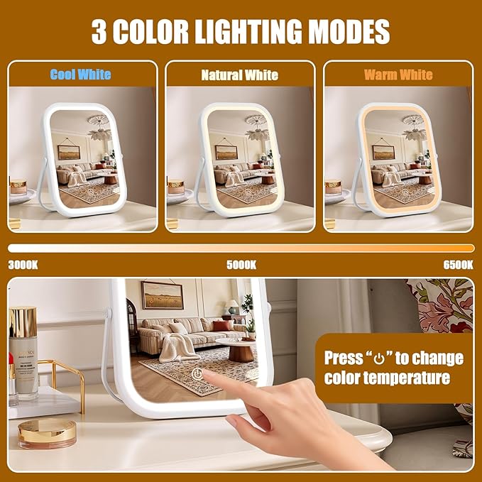 Vanity Mirror with Lights, 8"×6" LED Makeup Mirror Built-in 1500mAH Lithium Battery, Smart Touch with 3-Color Lighting, Dimmable, Lighted Up for Makeup Desk, Travel (White)