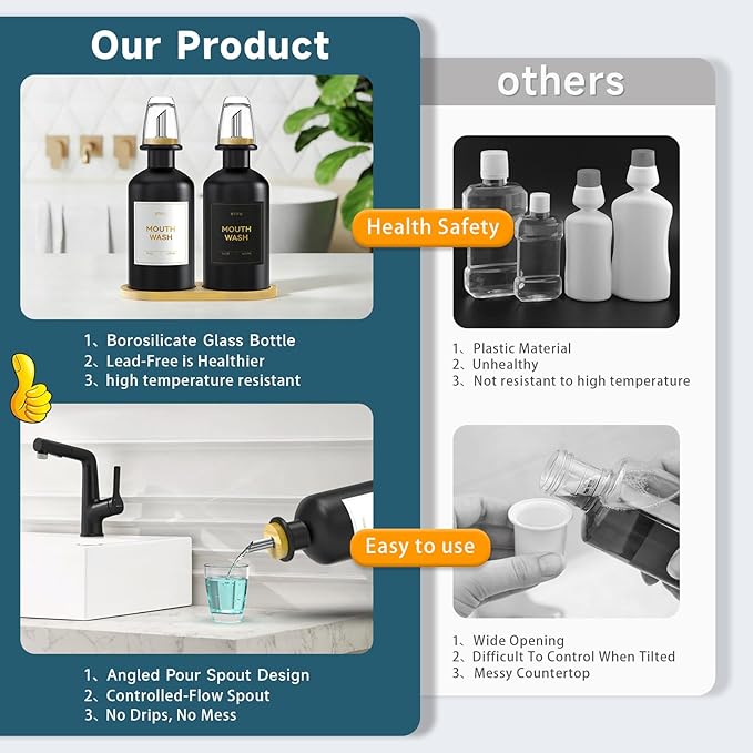 2PCS Black Glass Mouthwash Dispenser for Bathroom Countertop – 14oz/410ml Refillable Mouthwash Container with Glass Cup & Bamboo Tray, Modern Bathroom Decor for Home, Office, Airbnb (Black)