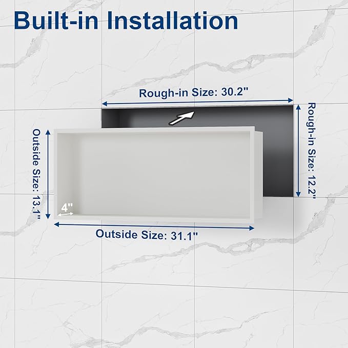 Neodrain Shower Niche, Insert Bathroom Storage Shower Shelf, Stainless Steel Recessed Wall Niche No Tiled Recessed Cabinet Waterproof for Shower Storage(White,30"x12")