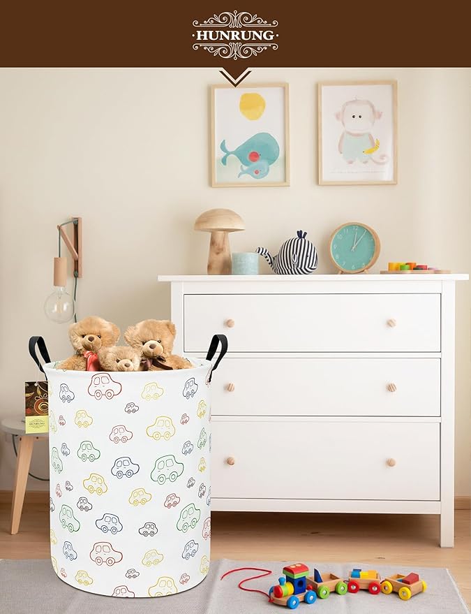 HUNRUNG Laundry Hamper,Large Canvas Fabric Lightweight Storage Basket Toy Organizer Dirty Clothes Collapsible Waterproof for College Dorms???Round-Car???