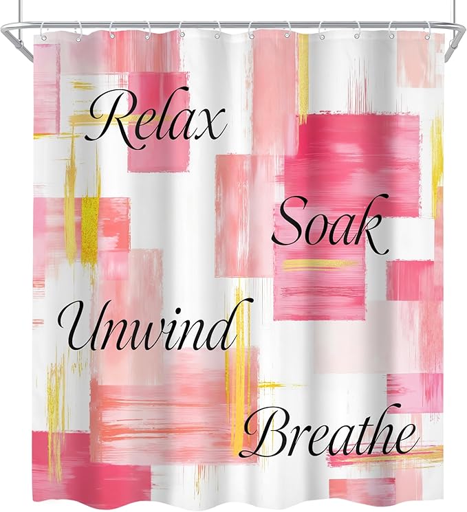 Cinbloo 4Pcs Pink Gold Shower Curtain Set,Modern Abstract Words Ombre Blush Oil Painting Girls Simple Bathroom Curtain with Rug, Toilet Lid Cover, Bath Mat,Minimalist Shower Curtain with 12 Hooks