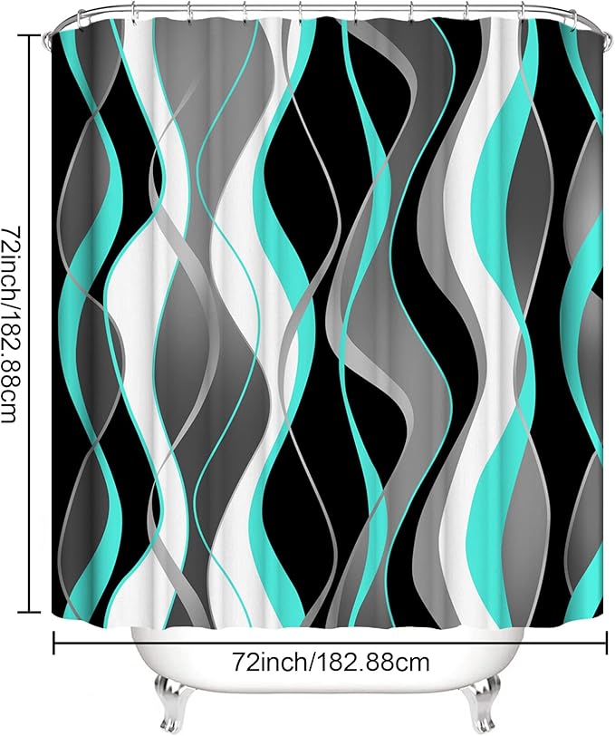 4Pcs Turquoise Shower Curtain Sets with Non-Slip Rugs, Toilet Lid Cover and Bath Mat, Black and Gray Bathroom Decor Set Accessories Fabric Waterproof Shower Curtains with 12 Hooks, 72 x 72 Inch
