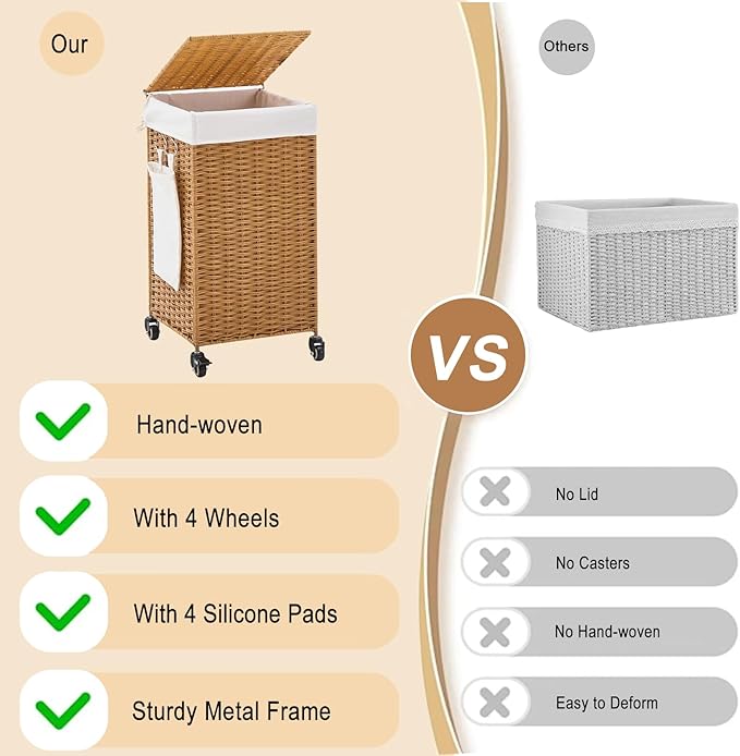 Handwoven Hamper with Lid, Laundry Basket with Wheels, Machine Washable Liner, Clothes Hamper for Bathroom Laundry Room Bedroom(Rattan, 78L)