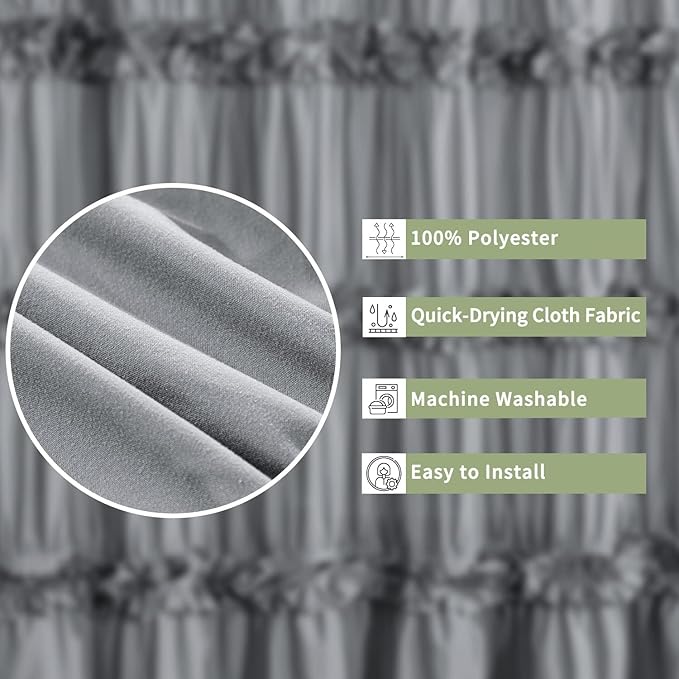 Victorian Ruffle Shower Curtain, Vintage Handcrafted Bow Tie Bath Curtain for Master Bathroom, Ruched Microfiber Bathroom Curtain with 12 Buttonholes, 72" W x 84" H, Gray (LQ-10)