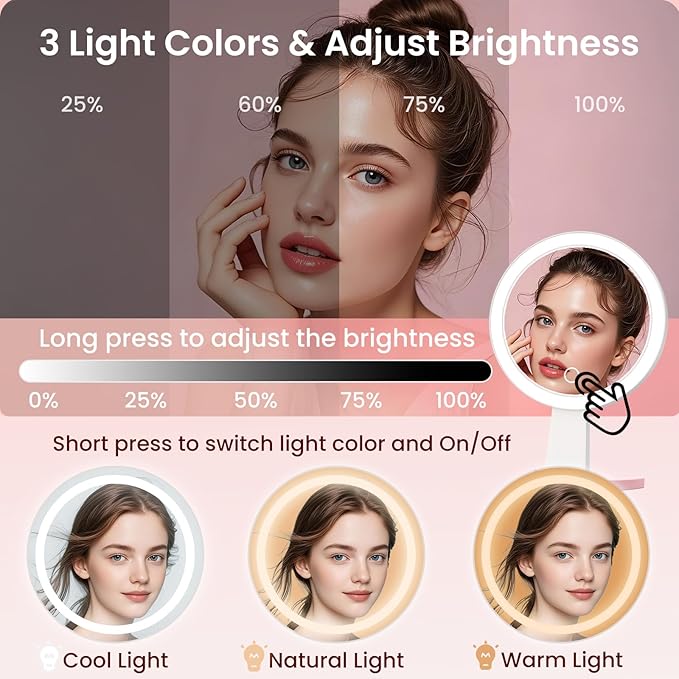 Magnifying Mirror with Light, Double-Sided 10X/1X Lighted Makeup Mirror with Magnification, Rechargeable Makeup Mirror with Lights, 3 Color Lighting, 3 in 1 Tabletop/Handheld/Hanging Travel Mirror