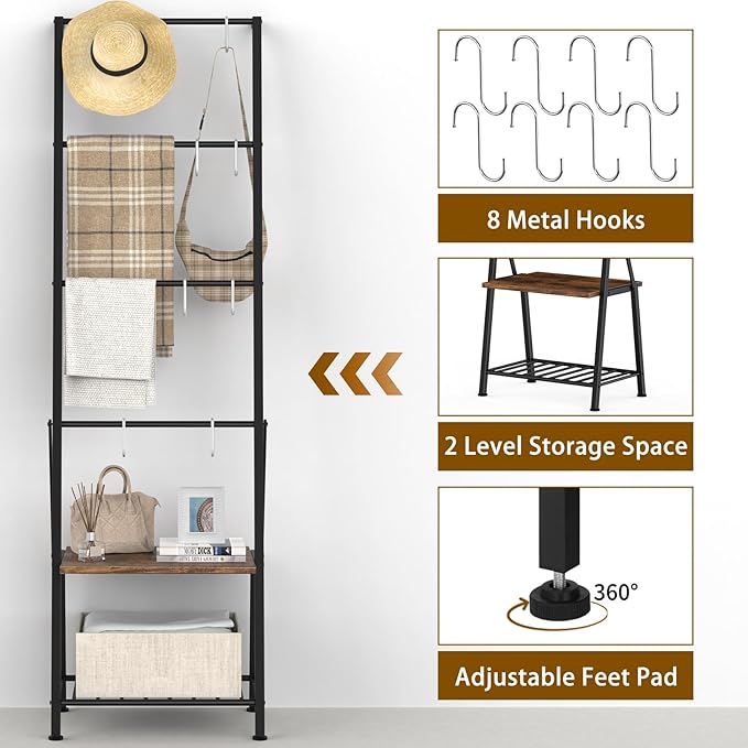 CADUKE Blanket Ladder with Storage Shelf, Blanket Rack with 8 Removable Hooks, Towel Ladder for Bathroom Living Room and Bedroom, Rustic Brown