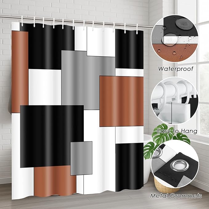 Brown Geometric Shower Curtain Set with Toilet Lid Cover and Non-Slip Rugs for Bathroom, Black Grey White Checkered 4 Pcs Shower Curtain, Modern Abstract Bathroom Set with 12 Hooks
