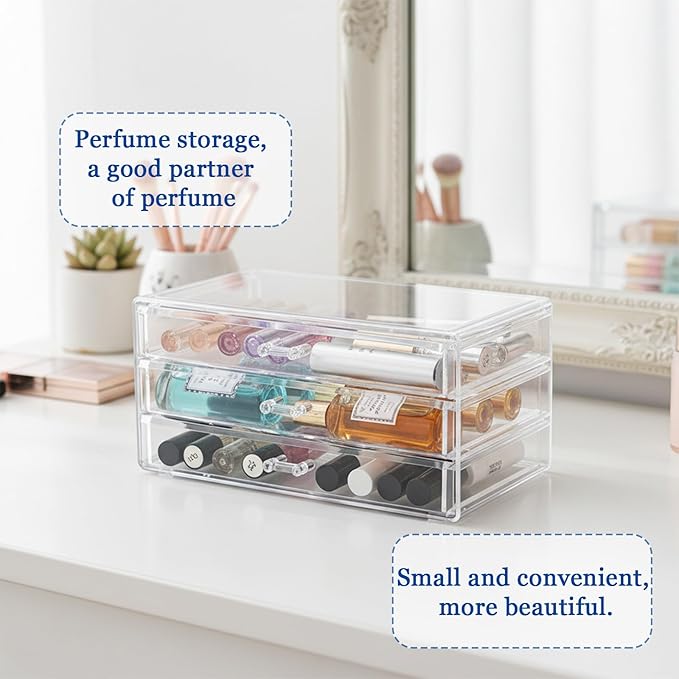 Acrylic Rollerball Perfume Organizer, 3-Layer Drawer Storage 40 Pcs perfume, Transparent Stackable Mini Perfume Holder for Travel/Sample Scentbird